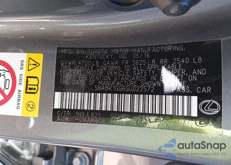 2016 Lexus Es 350 from USA, damaged, VIN 58ABK1GG6GU022572